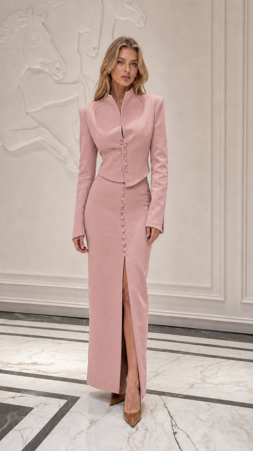Model wearing dusty pink structured jacket and slit maxi skirt