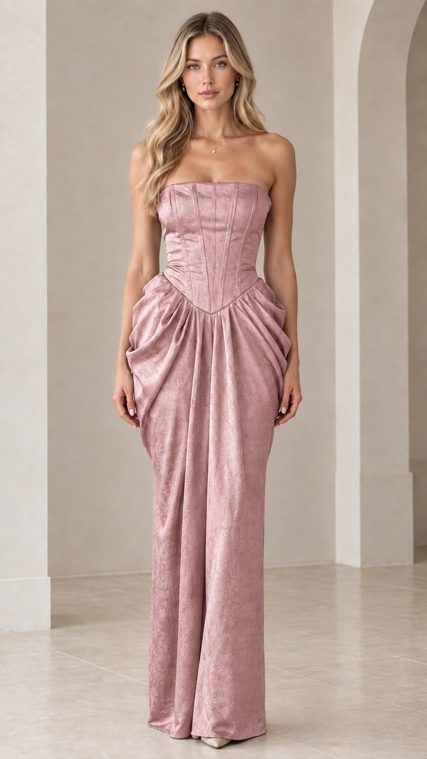 Front view of model wearing Dusty Rose strapless boned maxi dress with draped hips