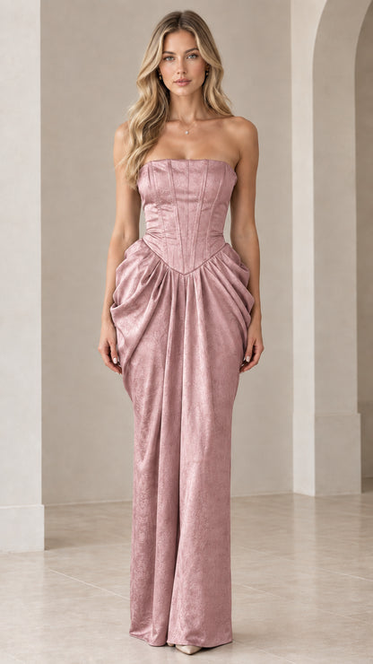 Front view of model wearing Dusty Rose strapless boned maxi dress with draped hips