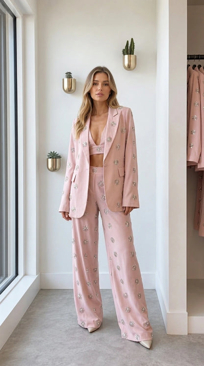 Front view of woman wearing pink rhinestone embellished blazer set
