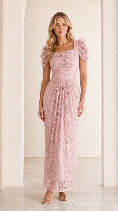 Blush Pink square neck floral lace formal maxi dress front view