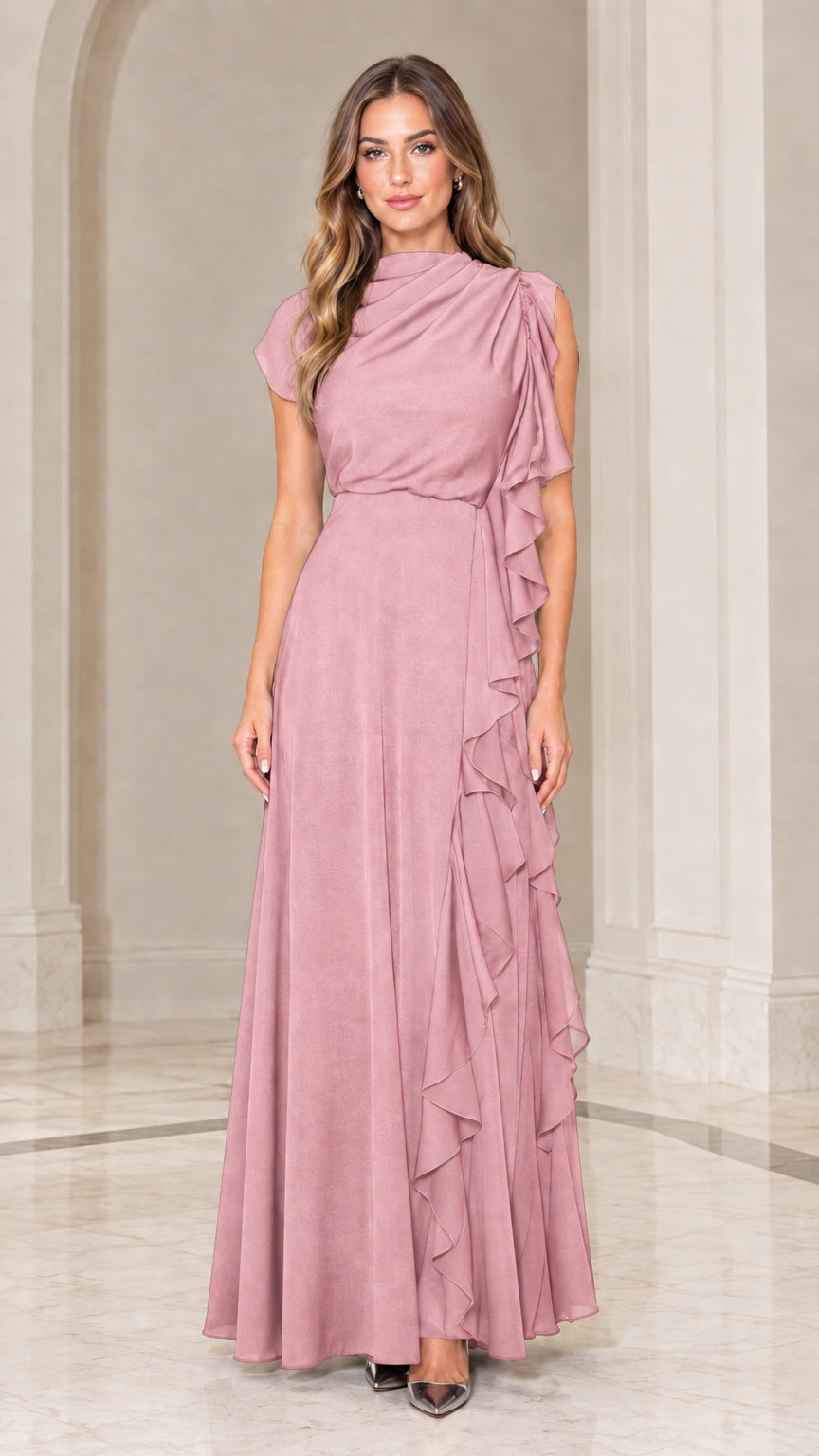 Dusty rose pink draped high neck maxi evening dress