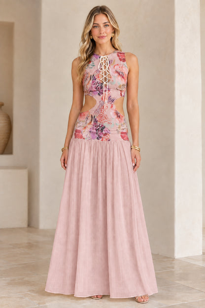 Model wearing Pink floral cutout lace-up maxi dress
