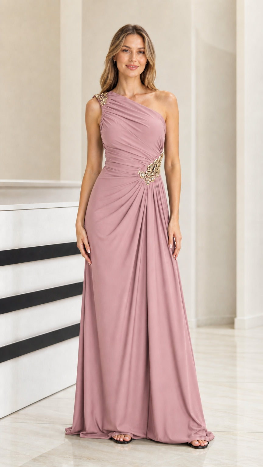 Dusty rose one-shoulder ruched formal maxi dress