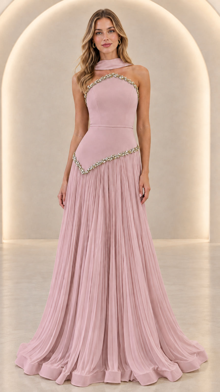 Blush Pink Embellished Halter Pleated Maxi Evening Gown