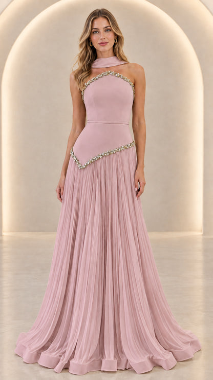 Blush Pink Embellished Halter Pleated Maxi Evening Gown