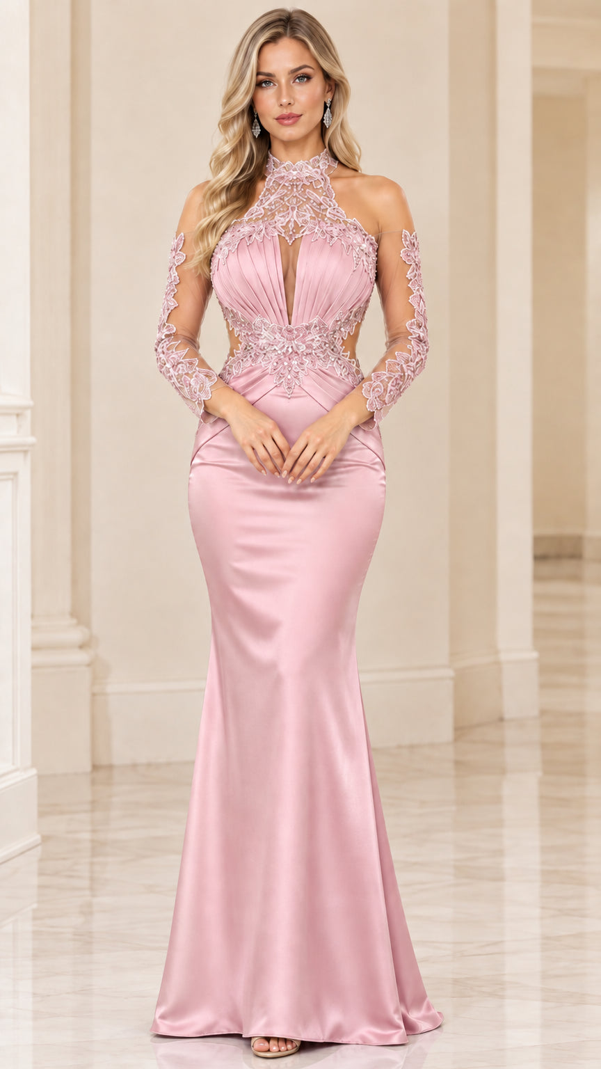Front view of model wearing blush pink satin illusion lace mermaid gown