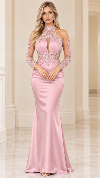 Front view of model wearing blush pink satin illusion lace mermaid gown