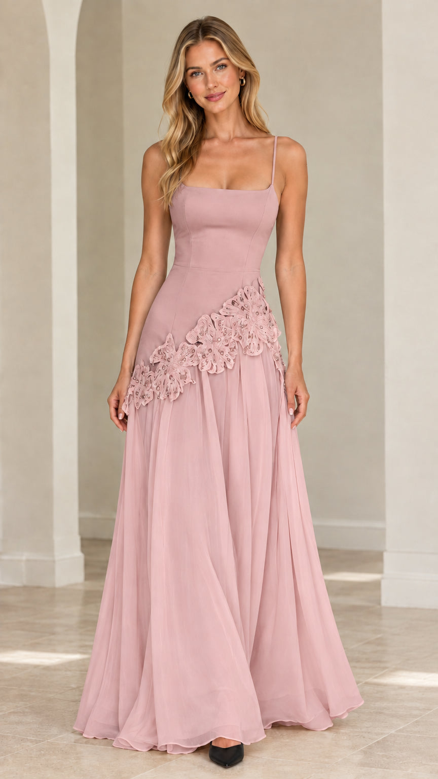 Full-length dusty pink spaghetti strap formal evening gown with lace detail