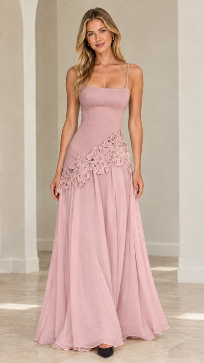 Full-length dusty pink spaghetti strap formal evening gown with lace detail