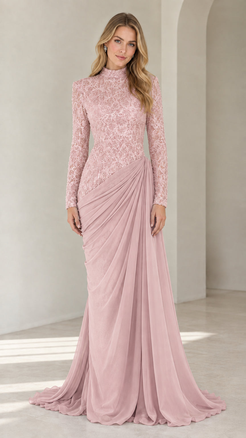 Front view of dusty rose pink lace long sleeve draped chiffon evening maxi dress
