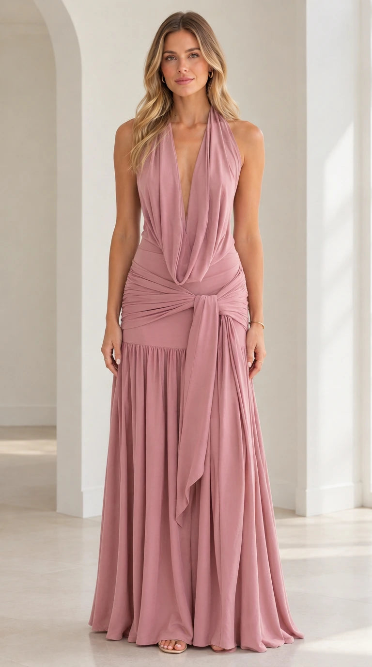 Dusty rose halter drape waist evening maxi dress front view
