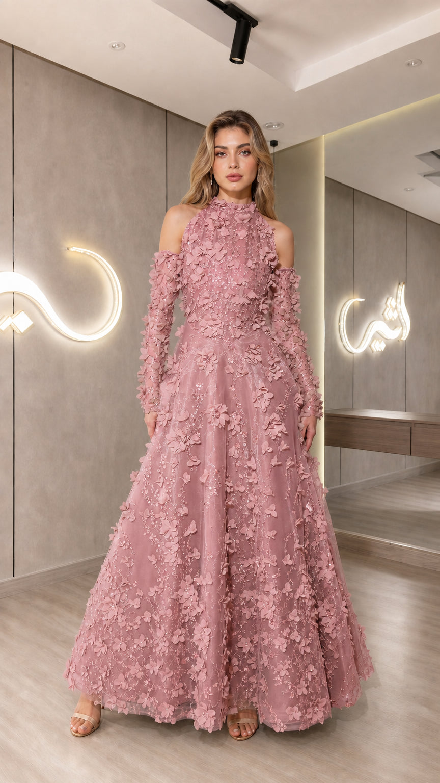 Front view of dusty pink 3D floral applique cold shoulder halter formal dress