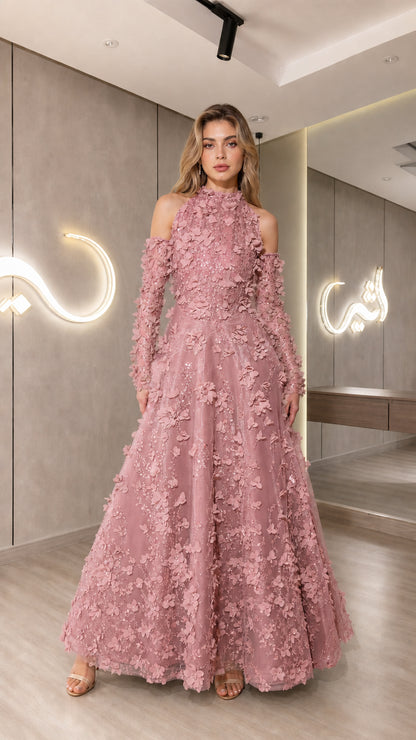 Front view of dusty pink 3D floral applique cold shoulder halter formal dress