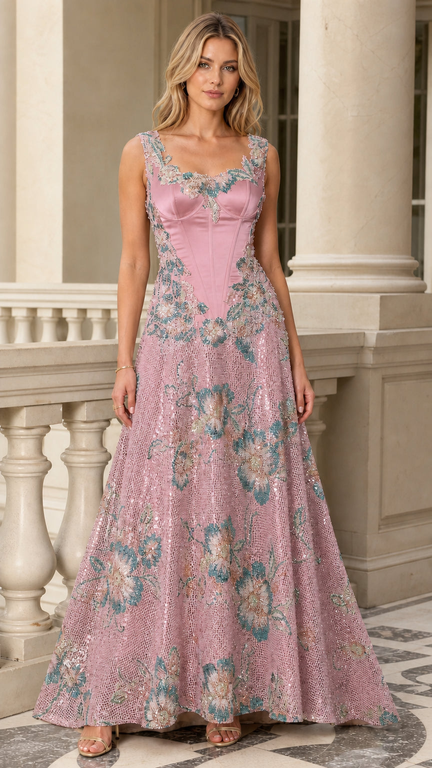 Dusty Pink floral embroidered corset bodice sequin evening gown front view