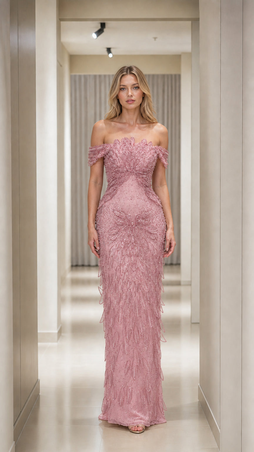 Dusty Pink off-the-shoulder beaded floor-length formal gown with botanical sequin motif