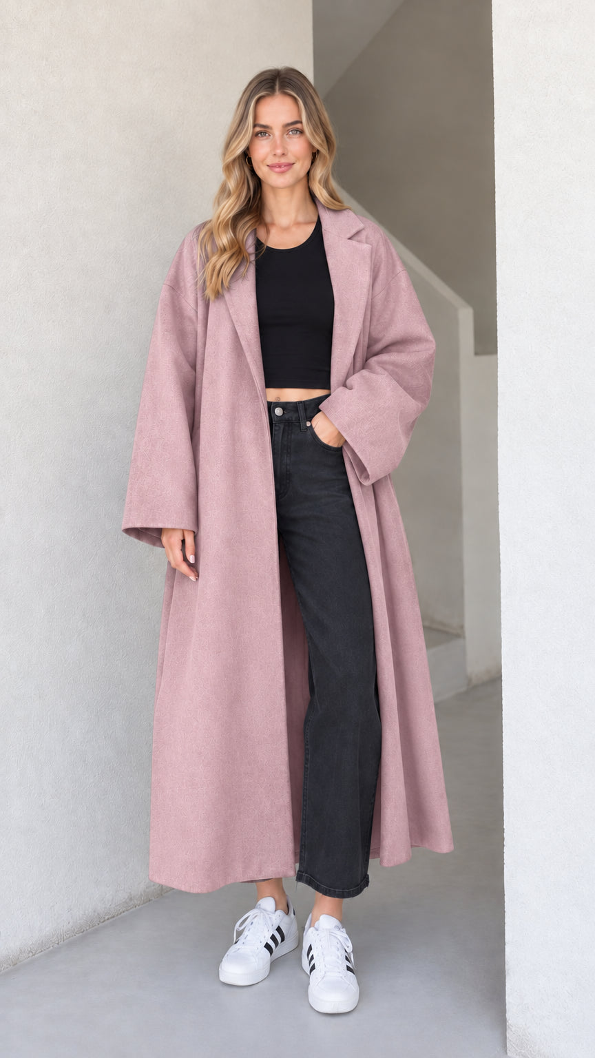 Front view of the women's oversized maxi coat in dusty pink