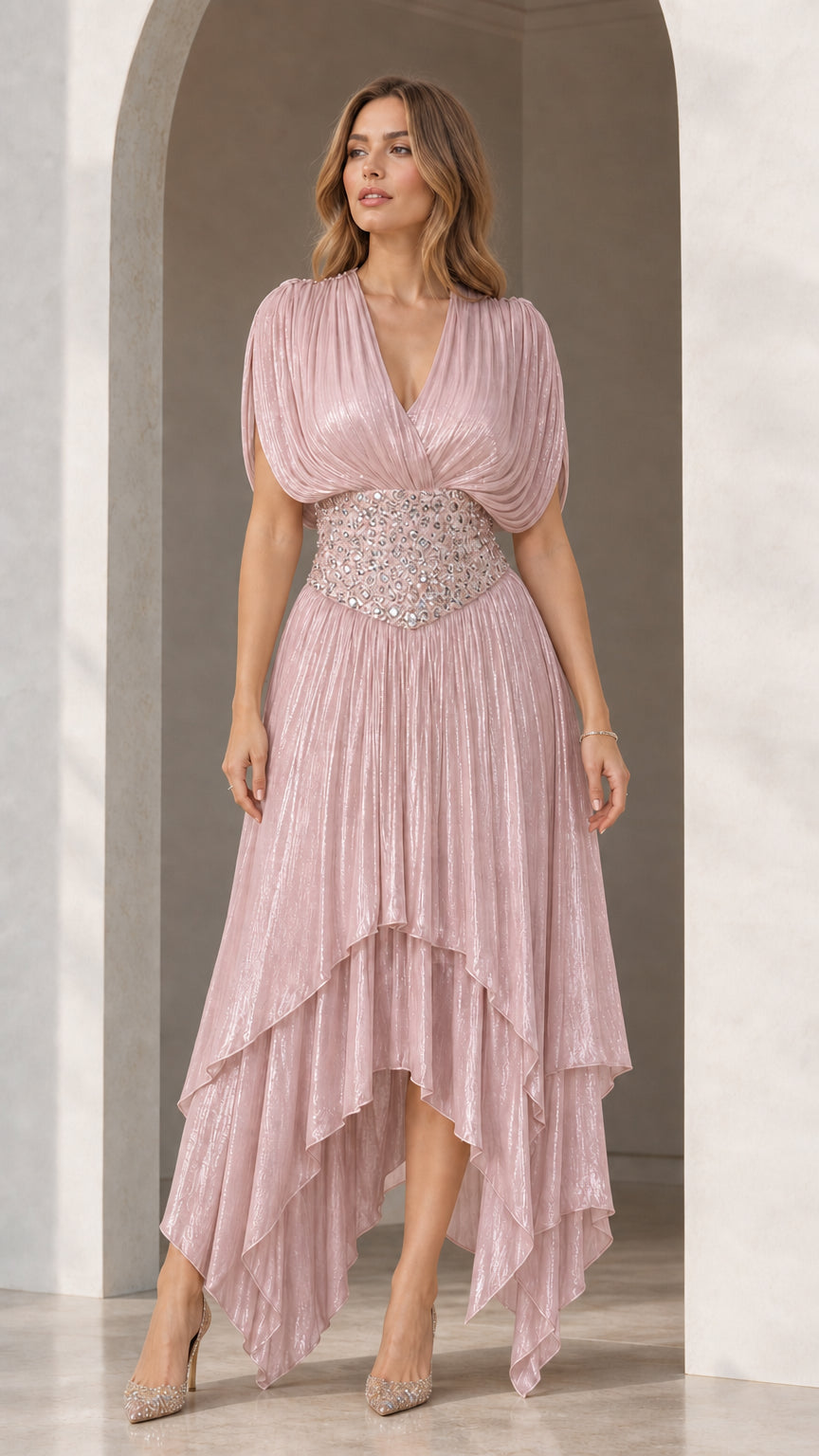 Full-length front view of Blush Pink shimmer pleated formal dress
