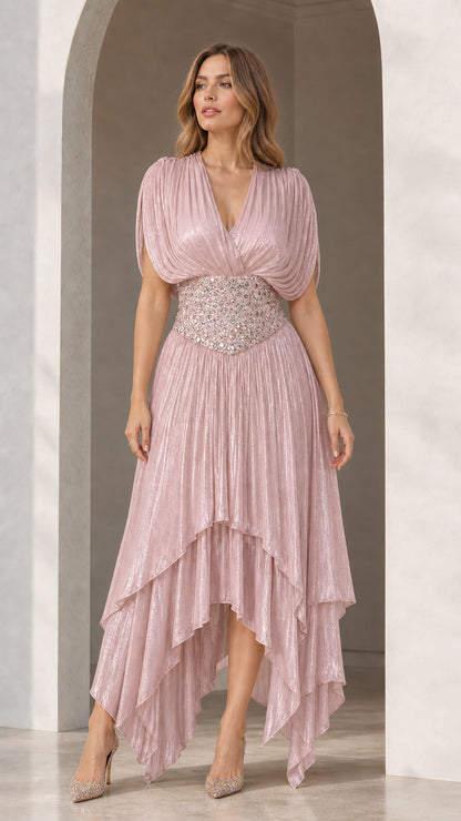 Full-length front view of Blush Pink shimmer pleated formal dress