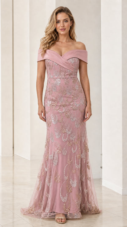 Dusty rose off-the-shoulder sequin mermaid floor-length gown