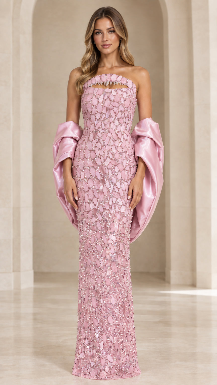 Blush Pink strapless embellished evening dress with blush satin sleeve accents