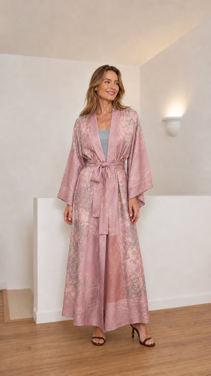 Full-length view of women's dusty pink printed maxi kimono robe