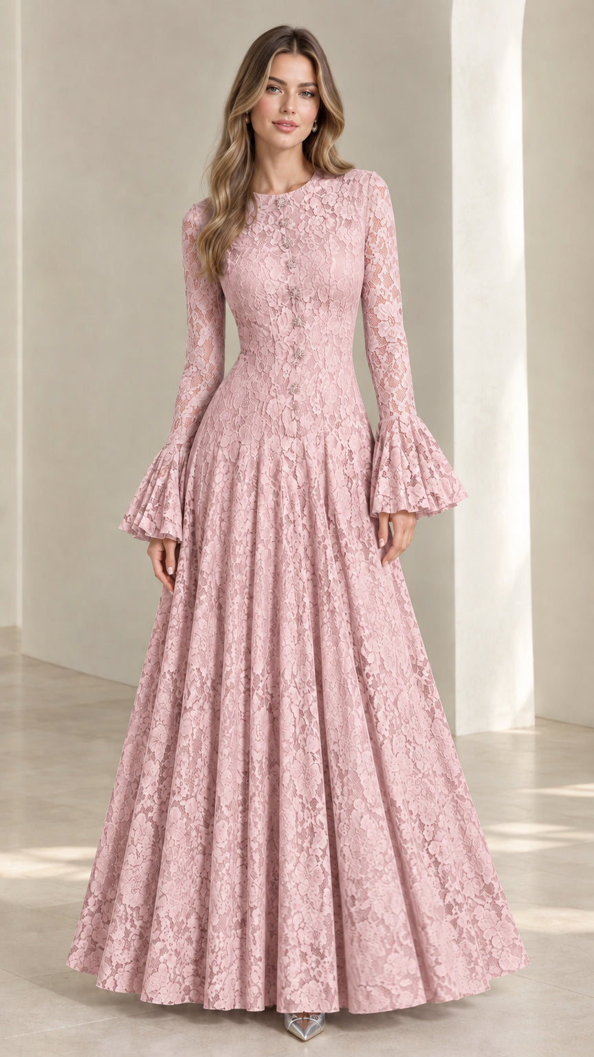 Full-length view of the Blush Pink floral lace formal gown