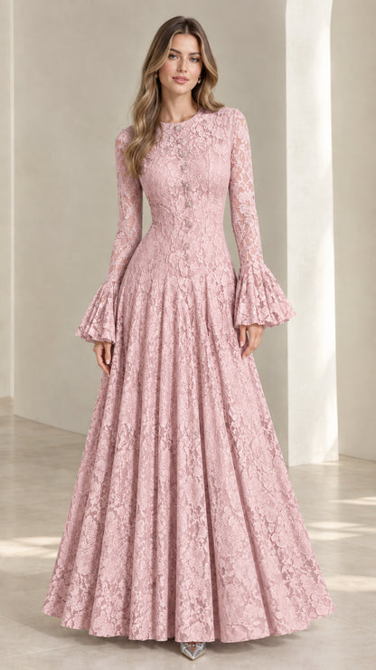 Full-length view of the Blush Pink floral lace formal gown