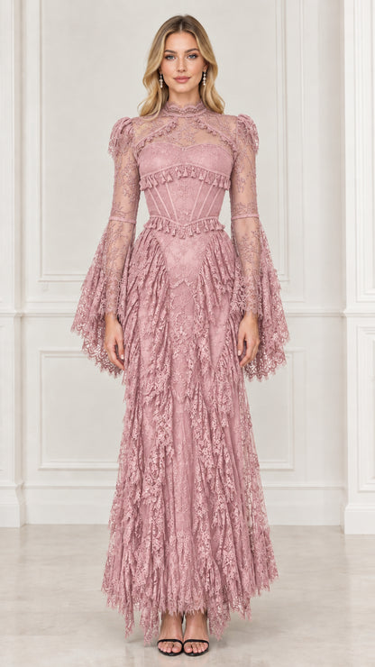 Dusty pink Victorian corset lace maxi dress with long flare sleeves