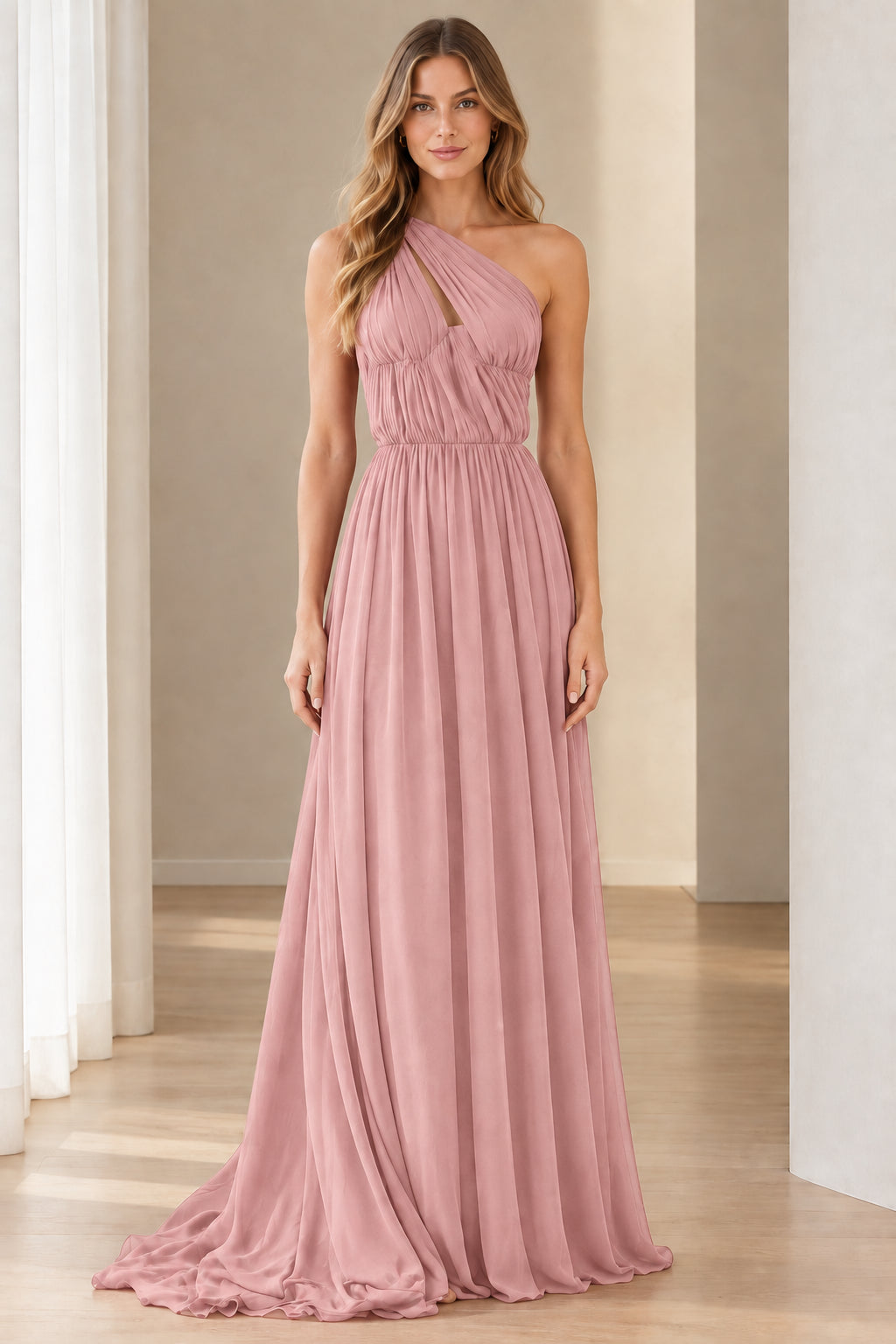 Dusty pink one-shoulder pleated chiffon maxi evening gown