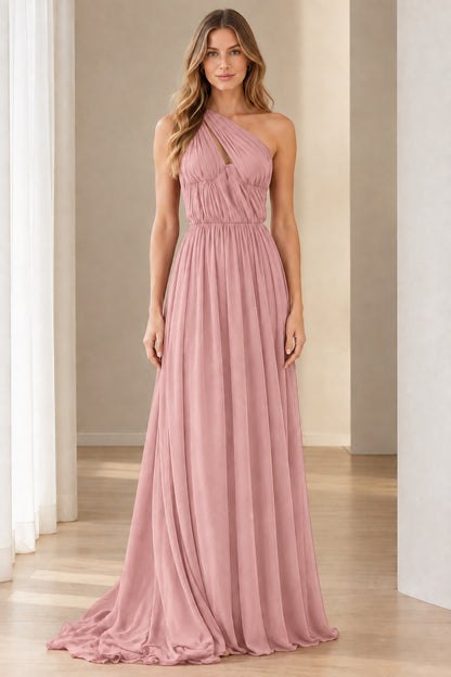 Dusty pink one-shoulder pleated chiffon maxi evening gown