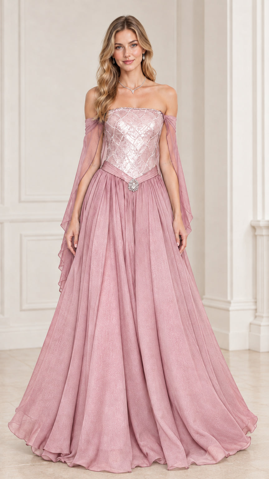Model wearing Dusty Rose pink sequin corset formal gown with flowing chiffon skirt