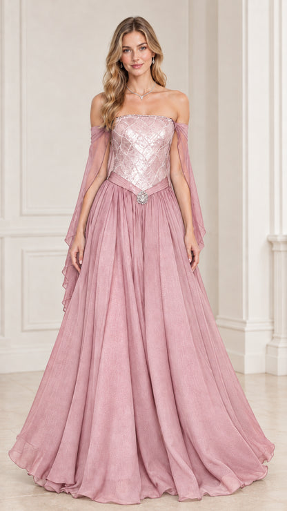 Model wearing Dusty Rose pink sequin corset formal gown with flowing chiffon skirt
