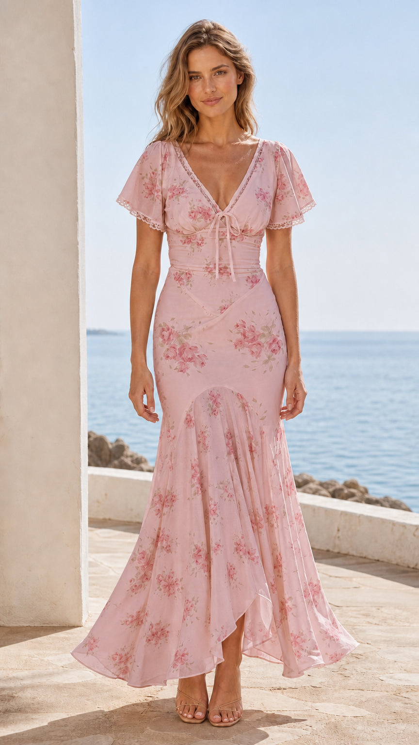 Front view of pink floral maxi dress on model
