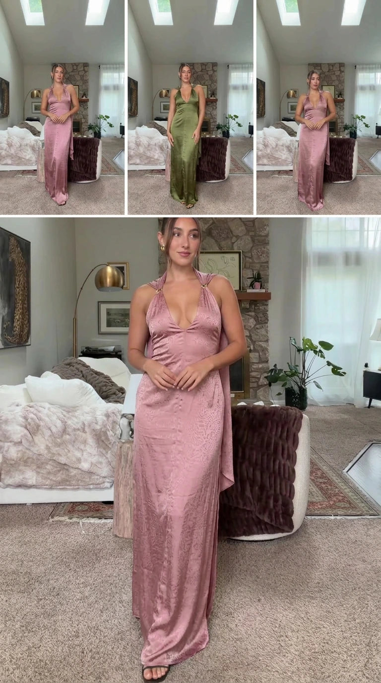 Collage showing dusty rose pink satin halter maxi evening dress