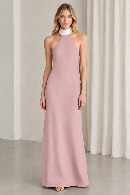 Dusty pink halter neck maxi evening dress with white collar accent