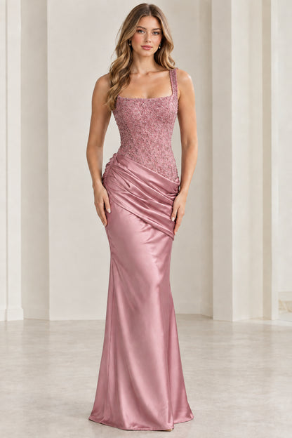 Dusty rose square neck beaded corset satin evening dress