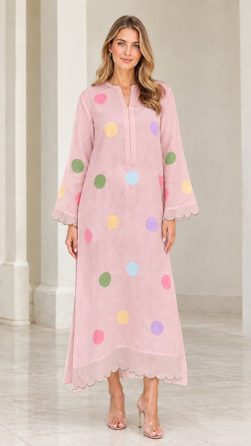 Woman wearing soft pink polka dot long sleeve maxi kaftan dress