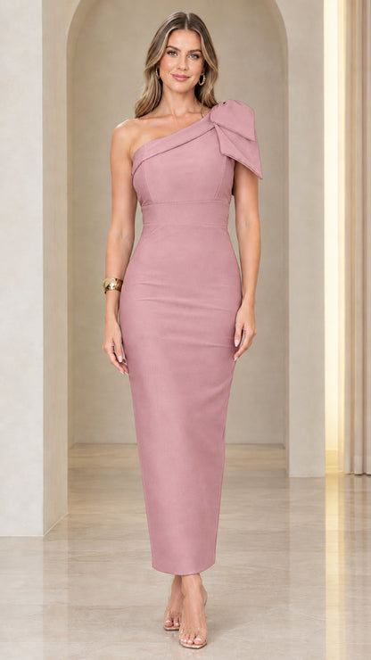 Model wearing dusty pink one-shoulder bow detail column maxi dress