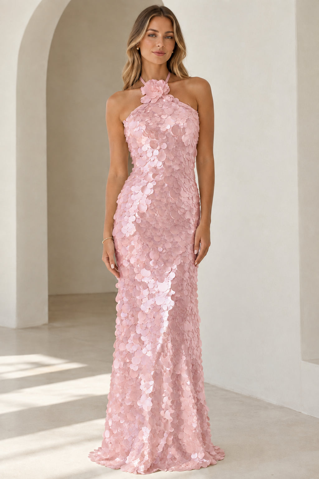 Front view of blush pink floral halter sequin maxi dress