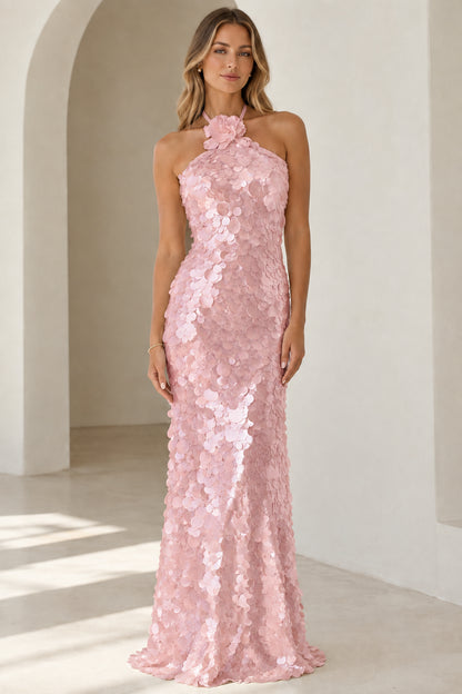 Front view of blush pink floral halter sequin maxi dress