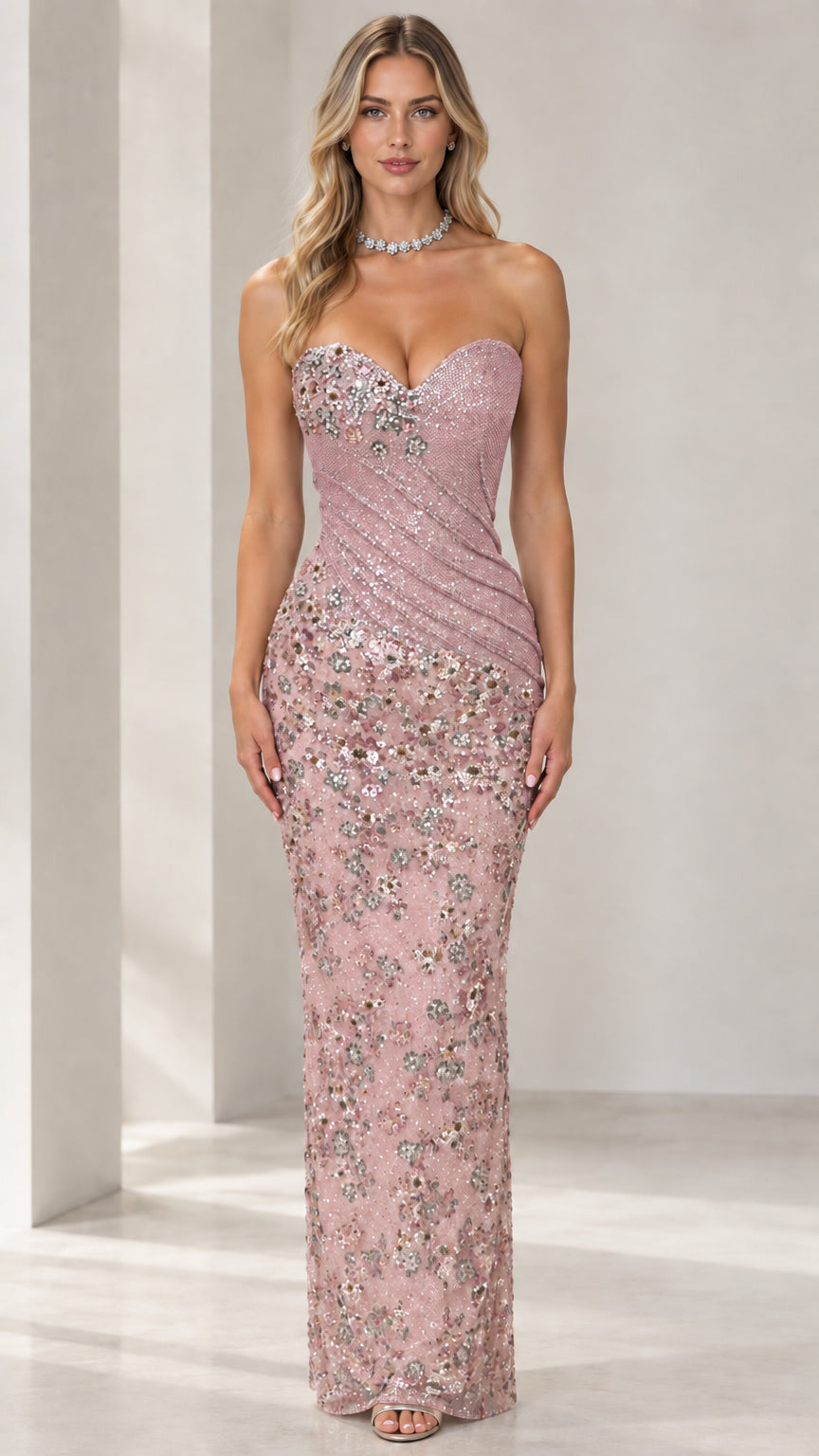 Dusty Pink strapless sequined formal gown front view