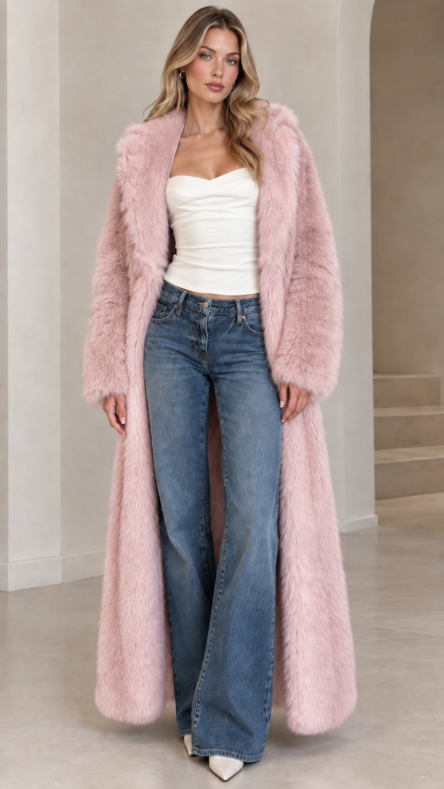 Front view of model wearing dusty pink full-length faux fur maxi coat