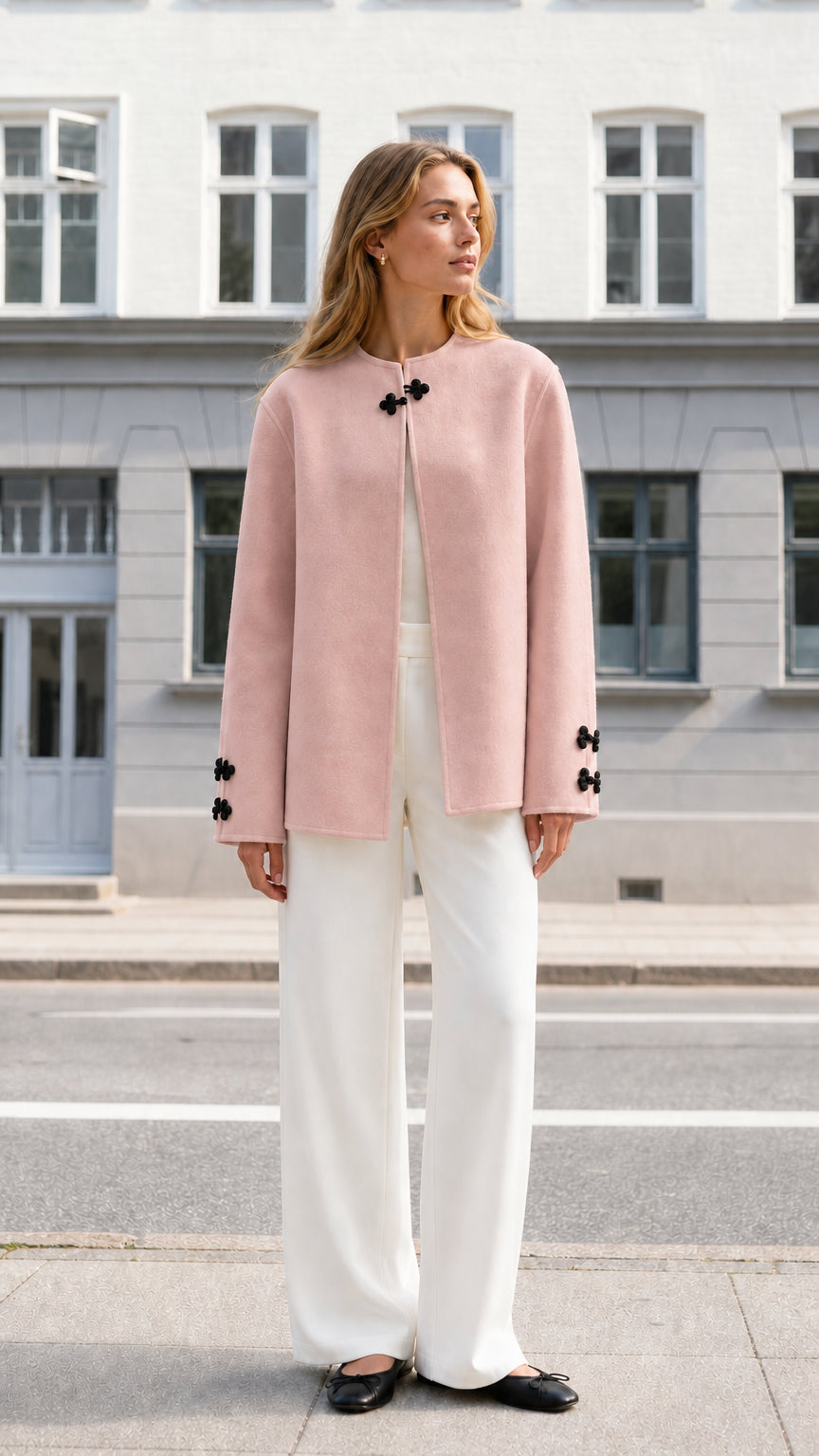 Front full view of woman wearing blush pink collarless knot clasp jacket with white trousers