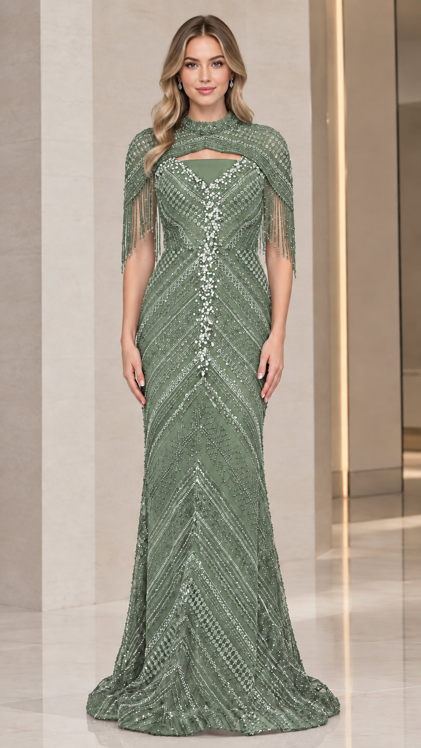Sage green beaded capelet floor-length evening formal gown
