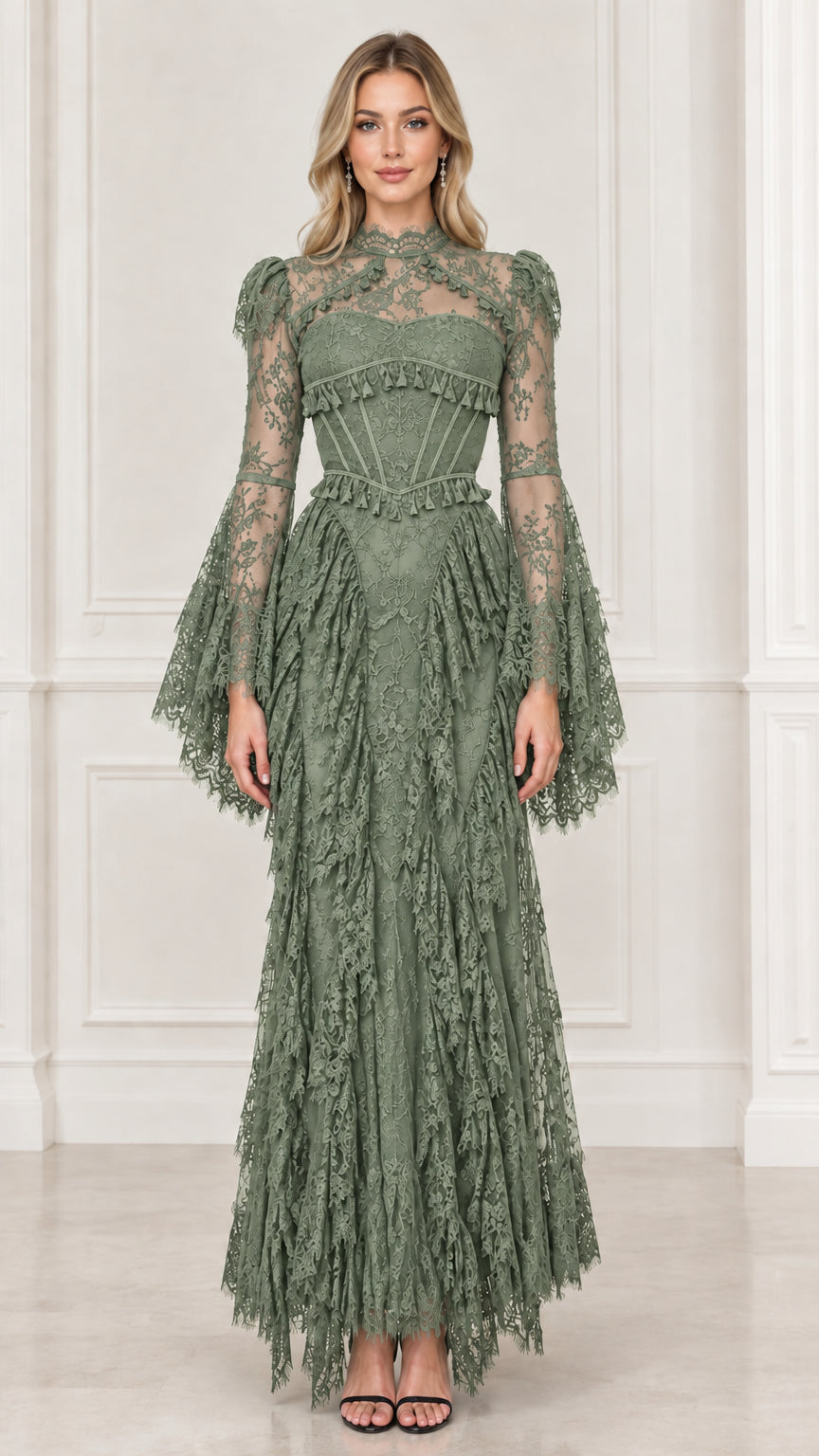 Sage green high neck lace evening gown with corset bodice and bell sleeves