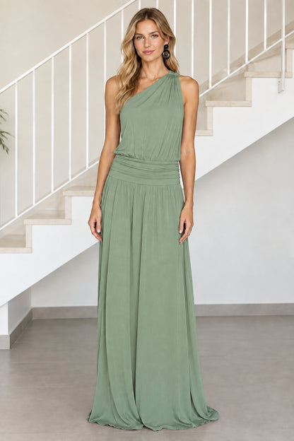 Front view of model wearing sage green one-shoulder ruched waist maxi dress