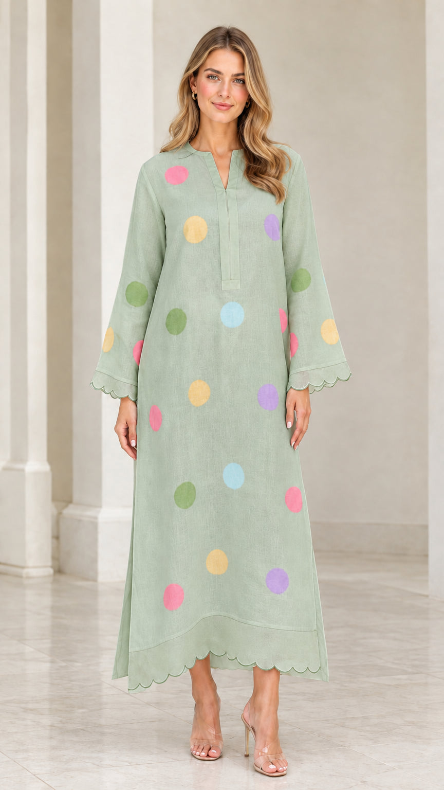 Woman wearing sage green polka dot long sleeve maxi kaftan dress