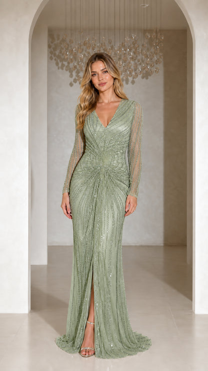 Front view of sage green long sleeve embellished evening gown