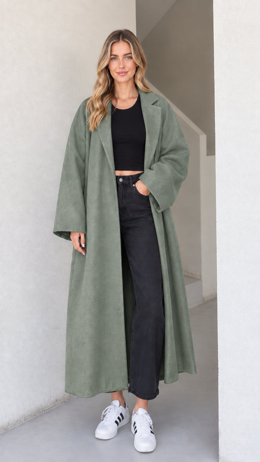 Front view of the women's oversized maxi coat in sage green